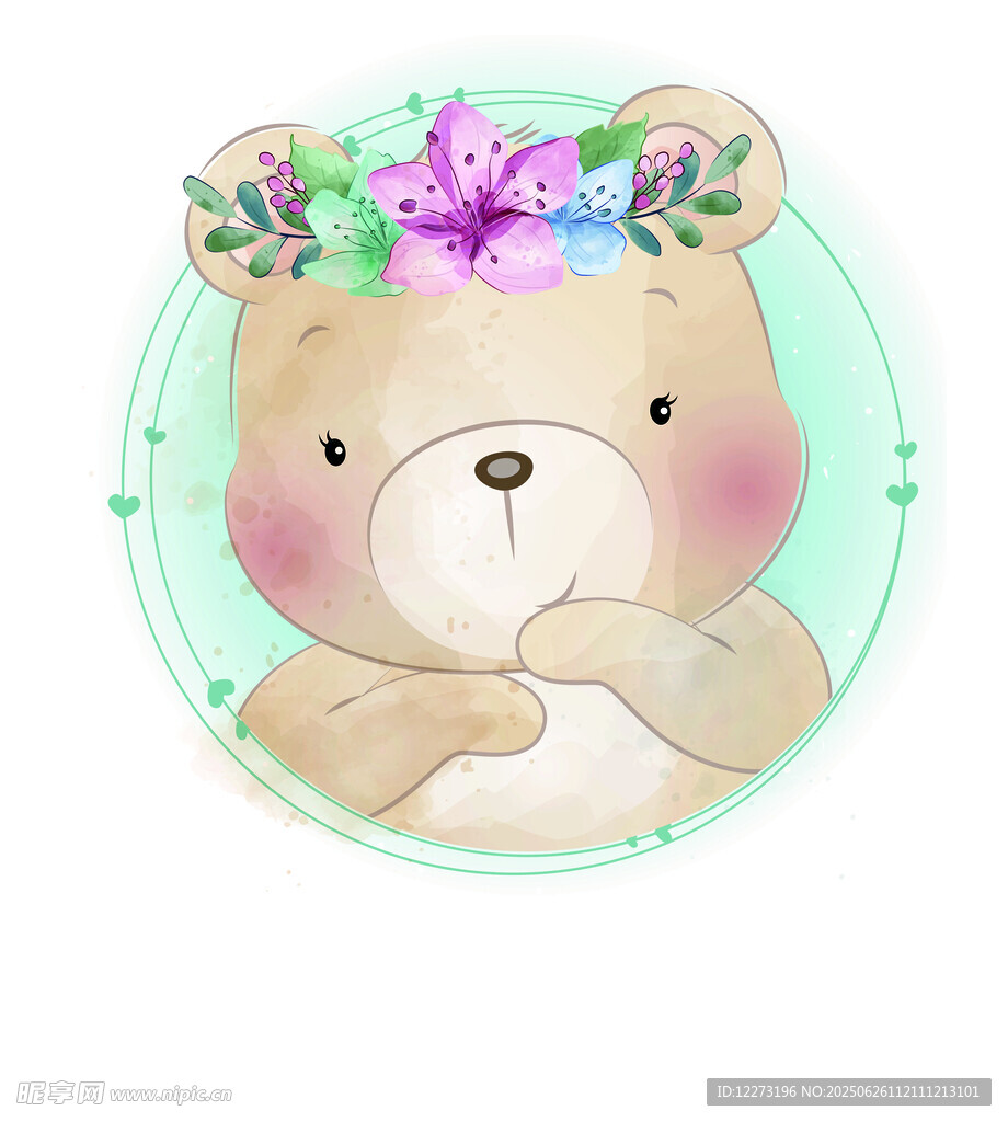 戴花环的可爱小熊