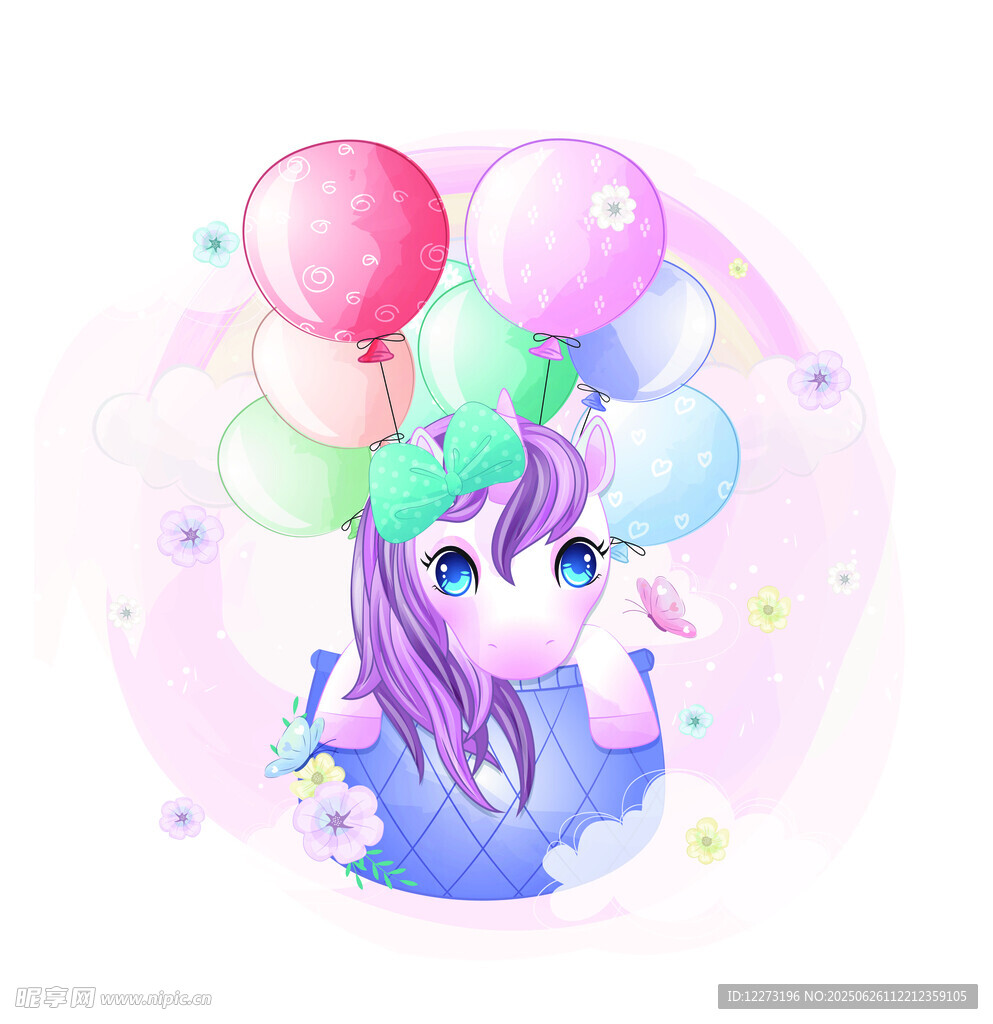 梦幻紫发女孩与彩色气球