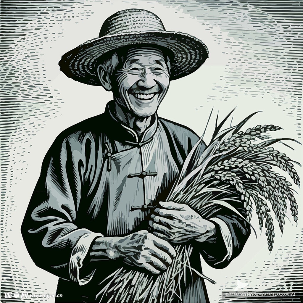老农笑捧丰收稻穗