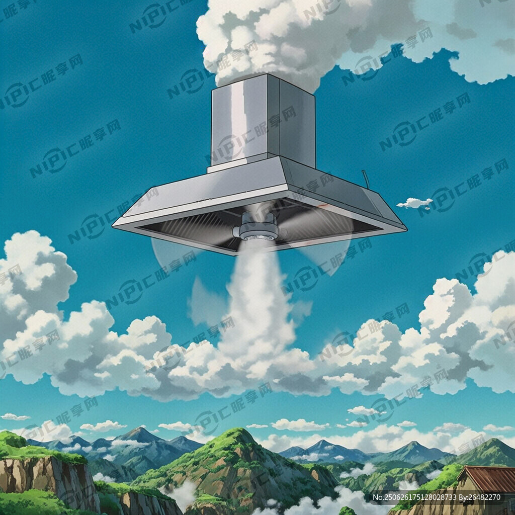 巨大的油烟机悬于空中 云雾连绕