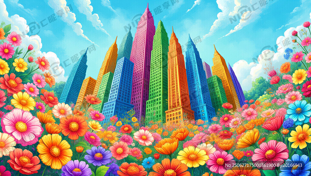 五颜六色的建筑、花卉艺术背景