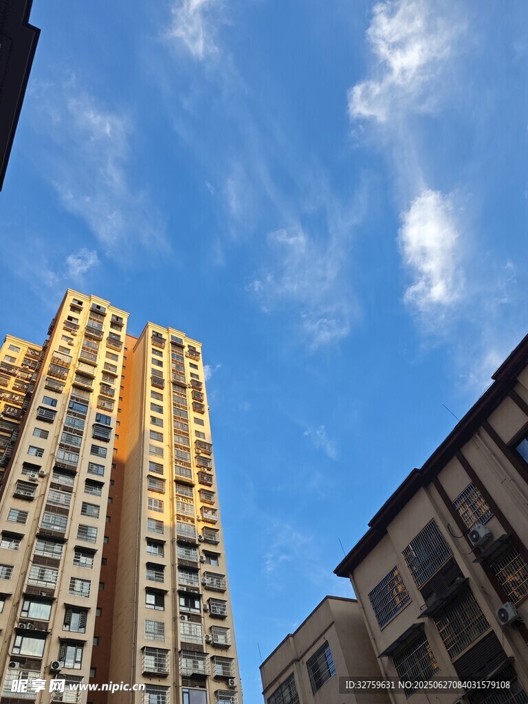 仰望城市高楼与蓝天