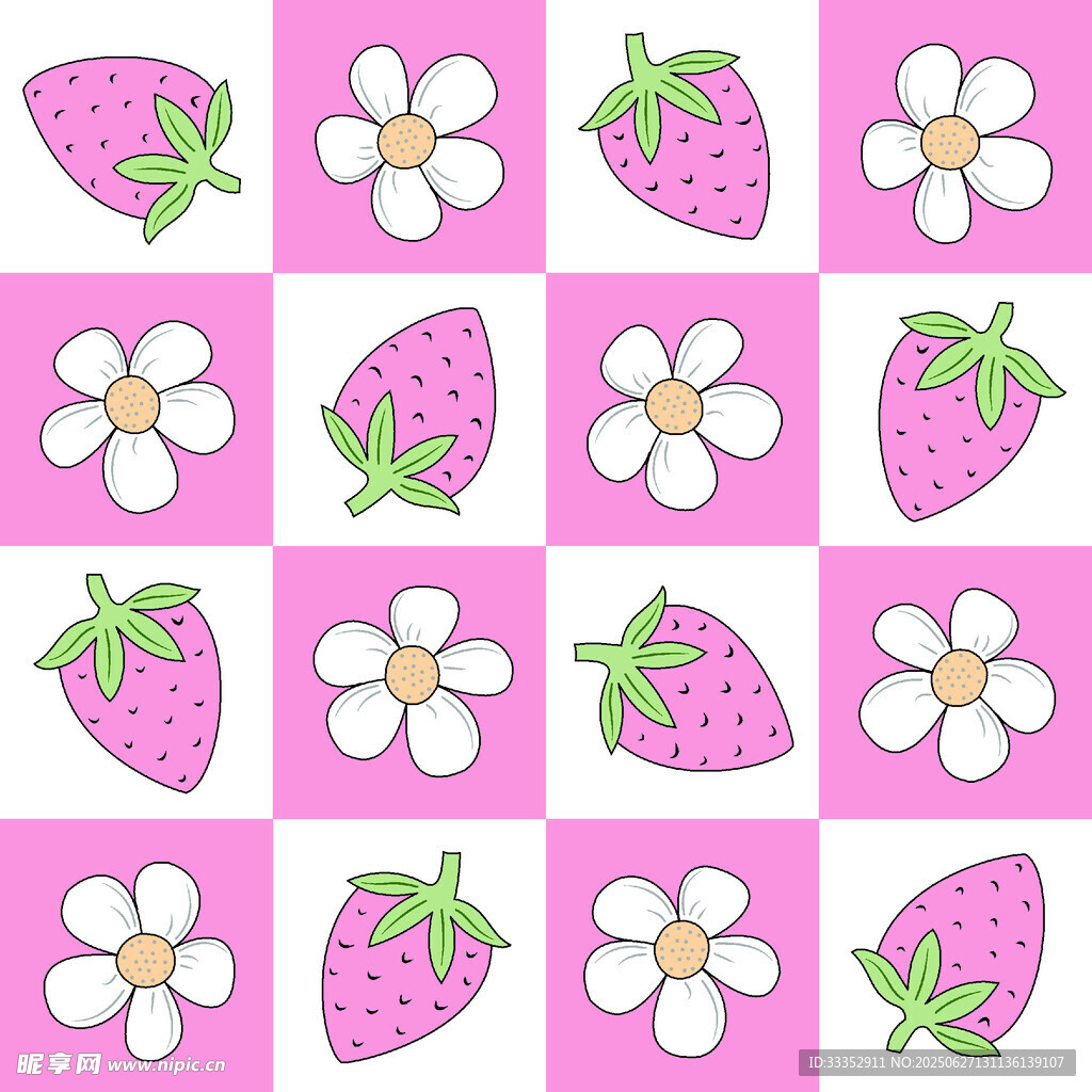 草莓花朵粉色方格图案