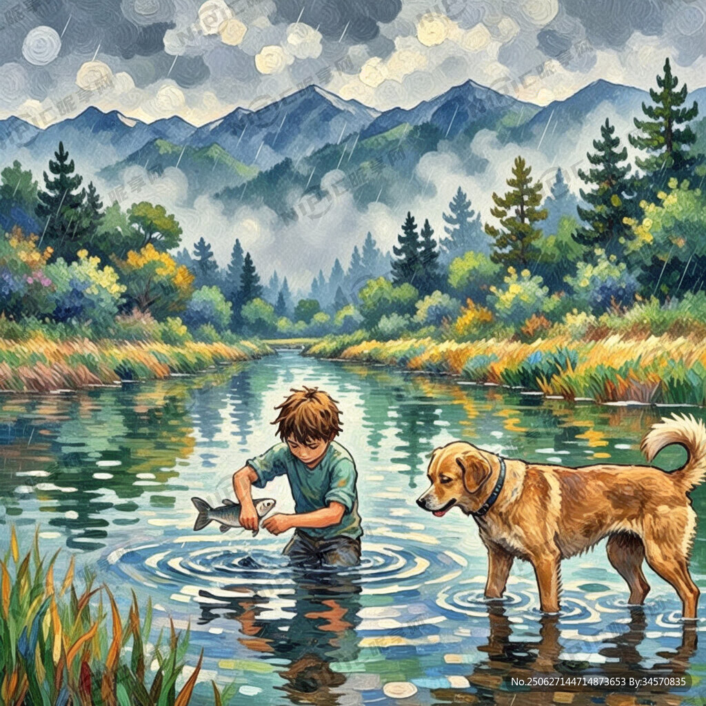 一个少年在河里抓鱼