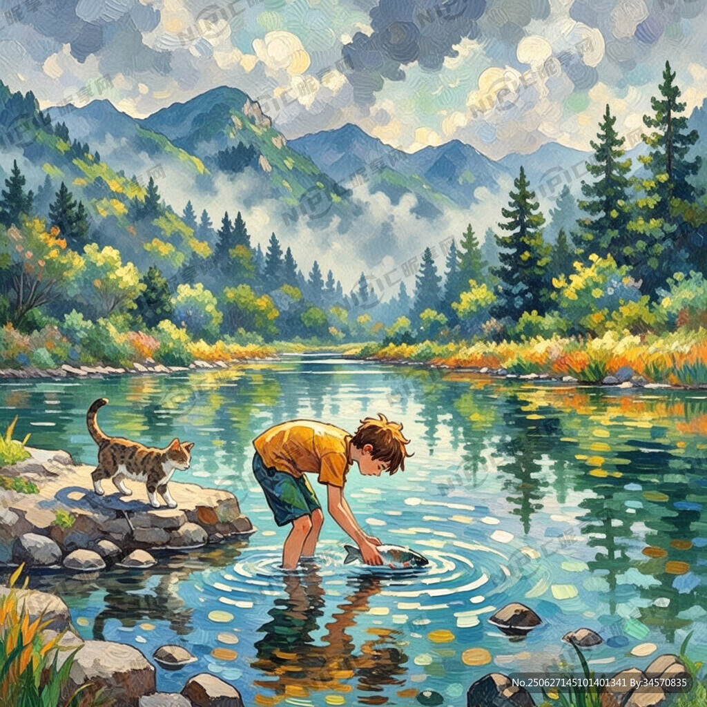 一个少年在河里弯腰抓鱼