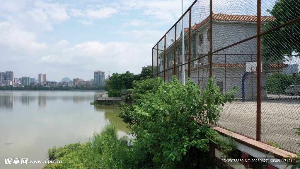 河边围栏旁的自然景致