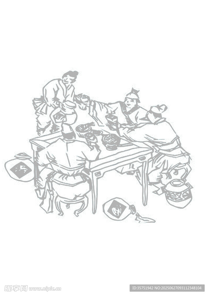 古代市井生活场景线描图