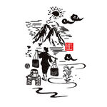 山间挑夫的悠然劳作图景