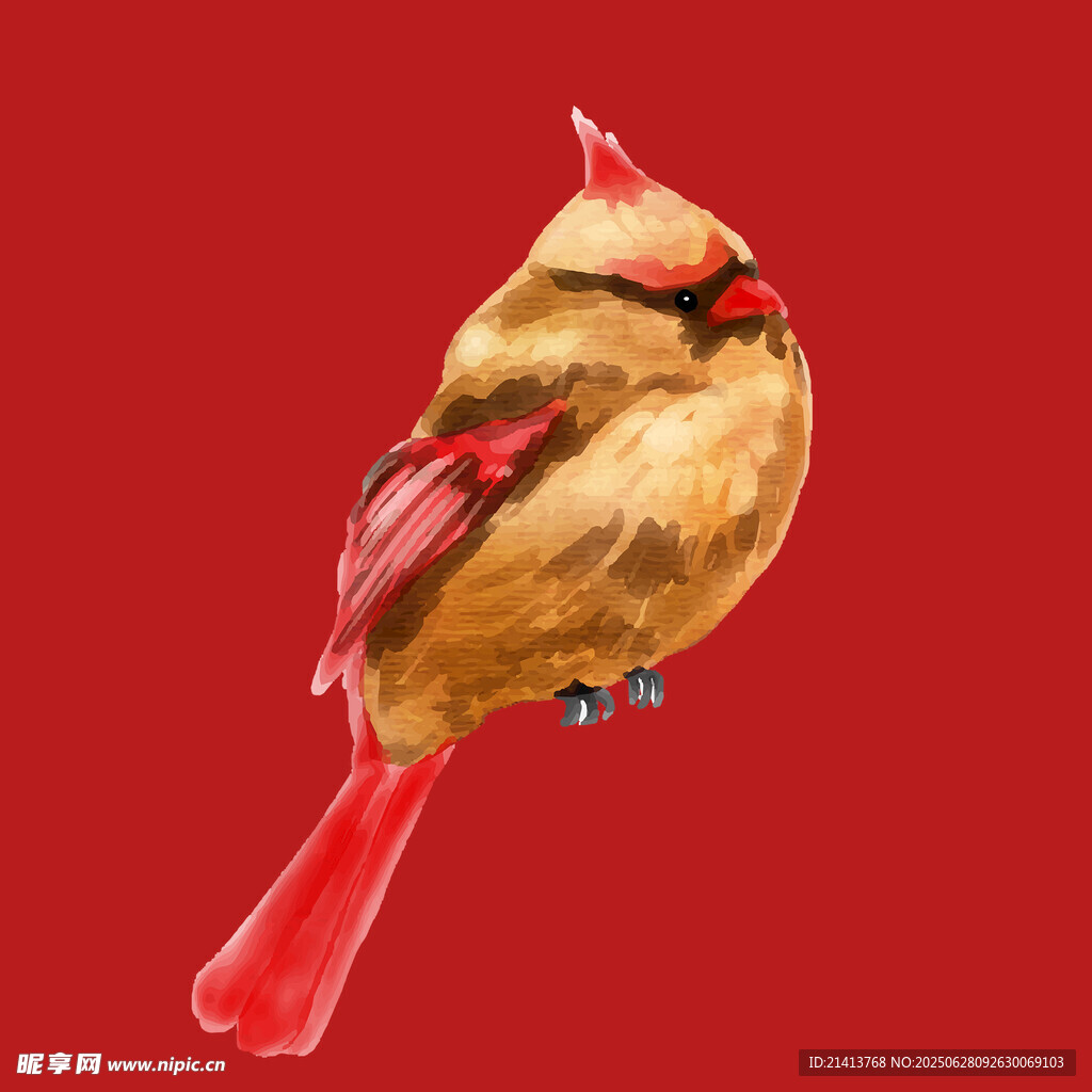 红色背景上的彩绘小鸟