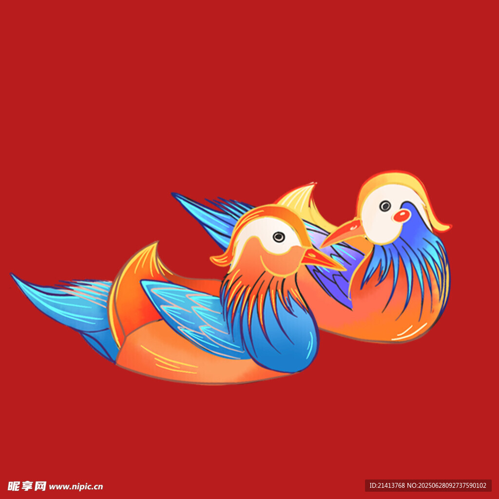 红色背景上的两只彩色鸳鸯