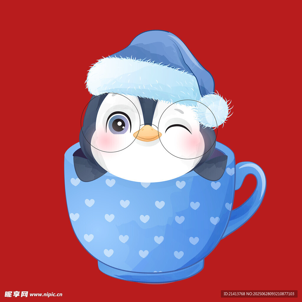 圣诞企鹅躲进爱心茶杯