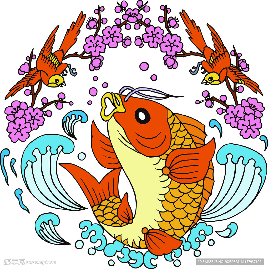 锦鲤戏浪伴飞鸟