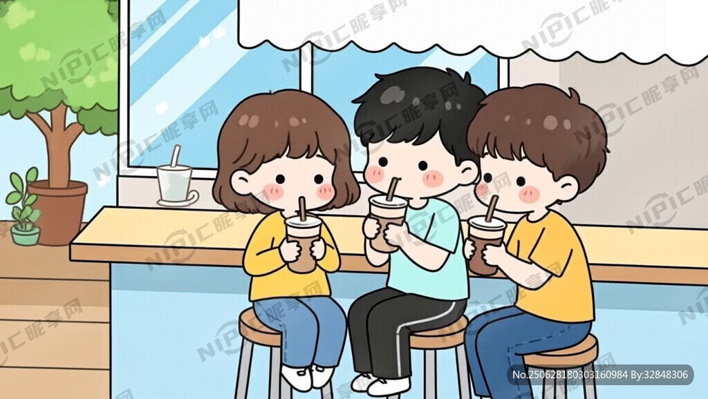 三四个青年做在吧台喝着奶茶。卡