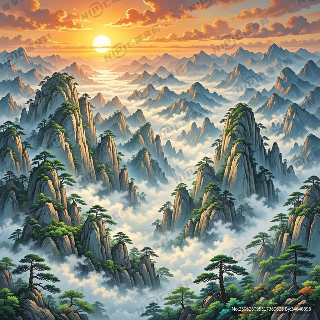 山水国画  初升太阳 