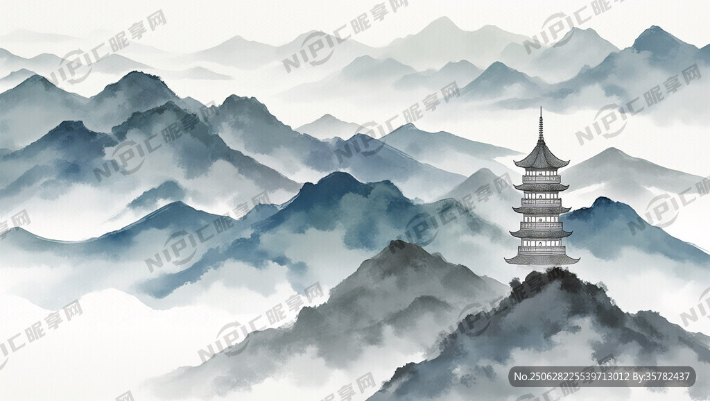 水墨画楼阁图群山