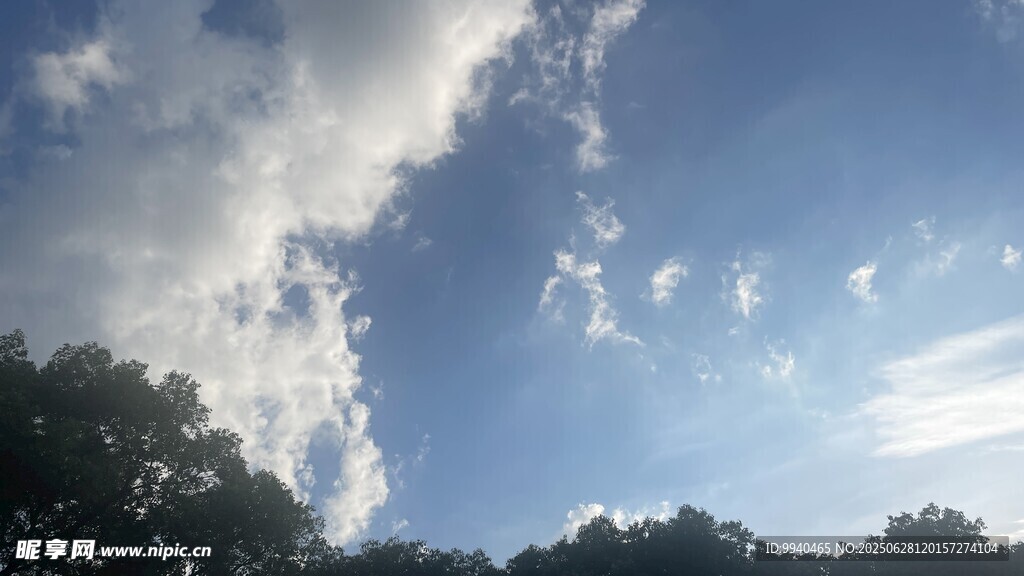 蓝天绿树间的云朵