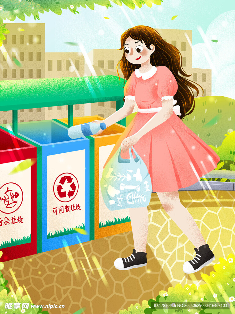 女孩分类投放垃圾