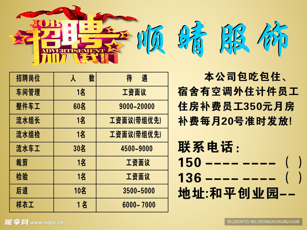 顺晴服饰 招工牌