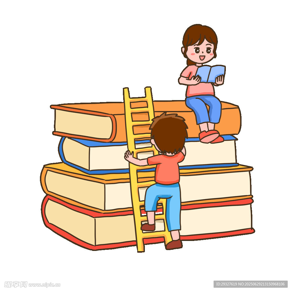 孩子在书堆上阅读与攀爬