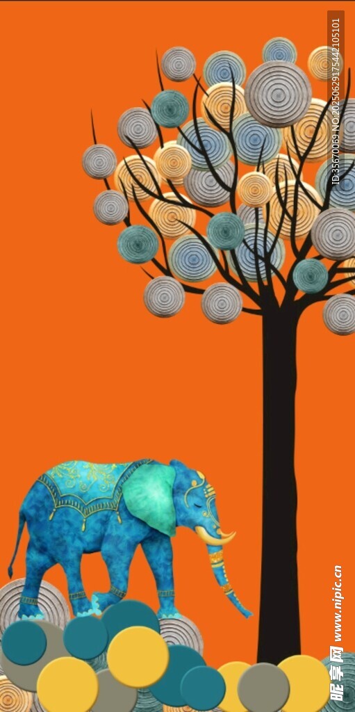大象与树的梦幻插画场景
