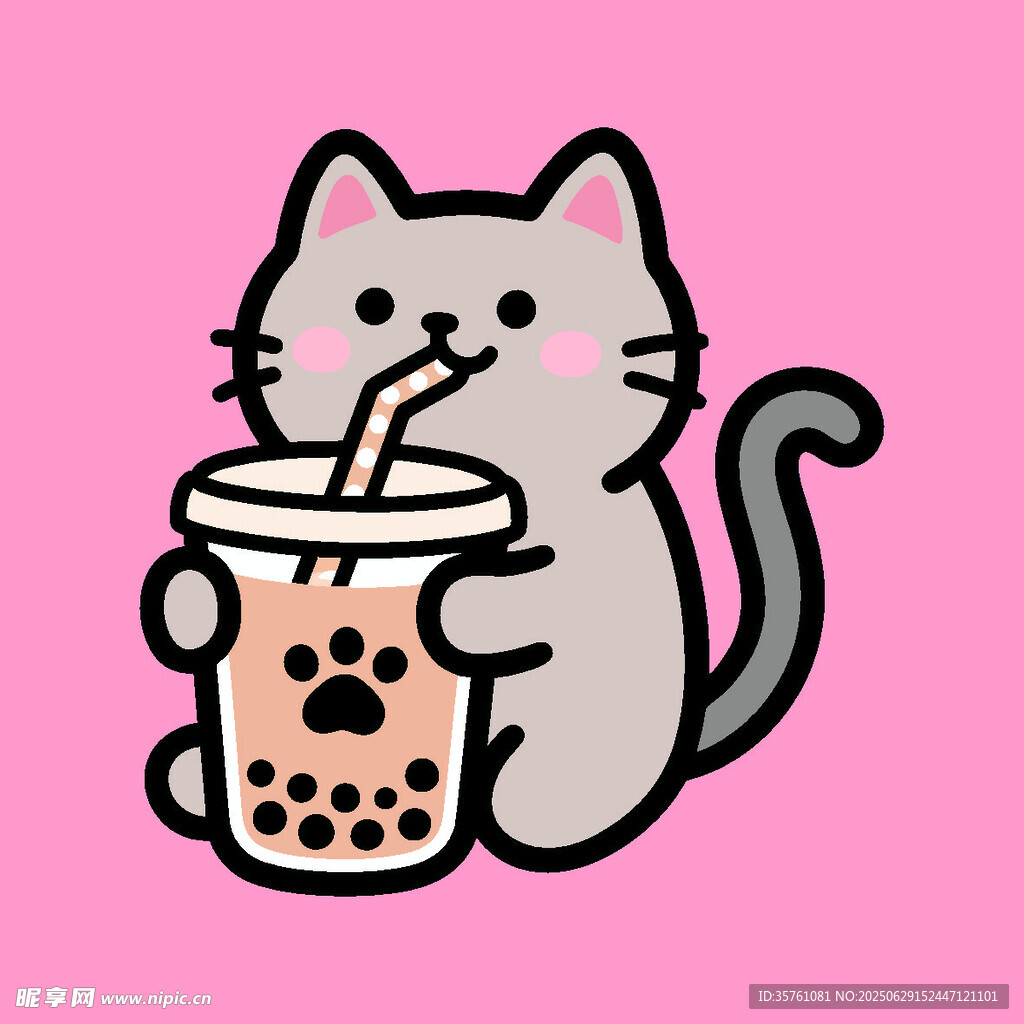 卡通手绘小猫喝珍珠奶茶