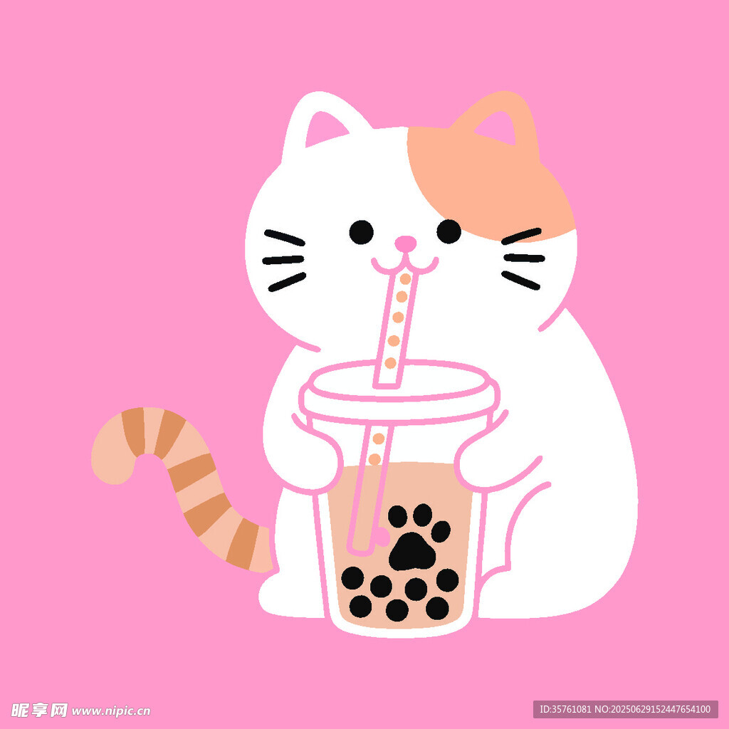 卡通手绘小猫喝珍珠奶茶