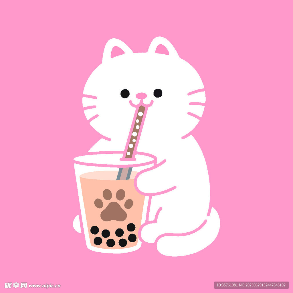 卡通手绘小猫喝珍珠奶茶