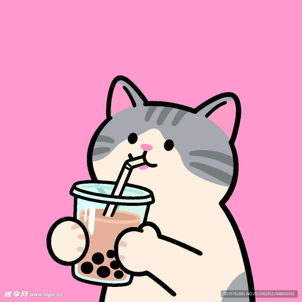 卡通手绘小猫珍珠奶茶