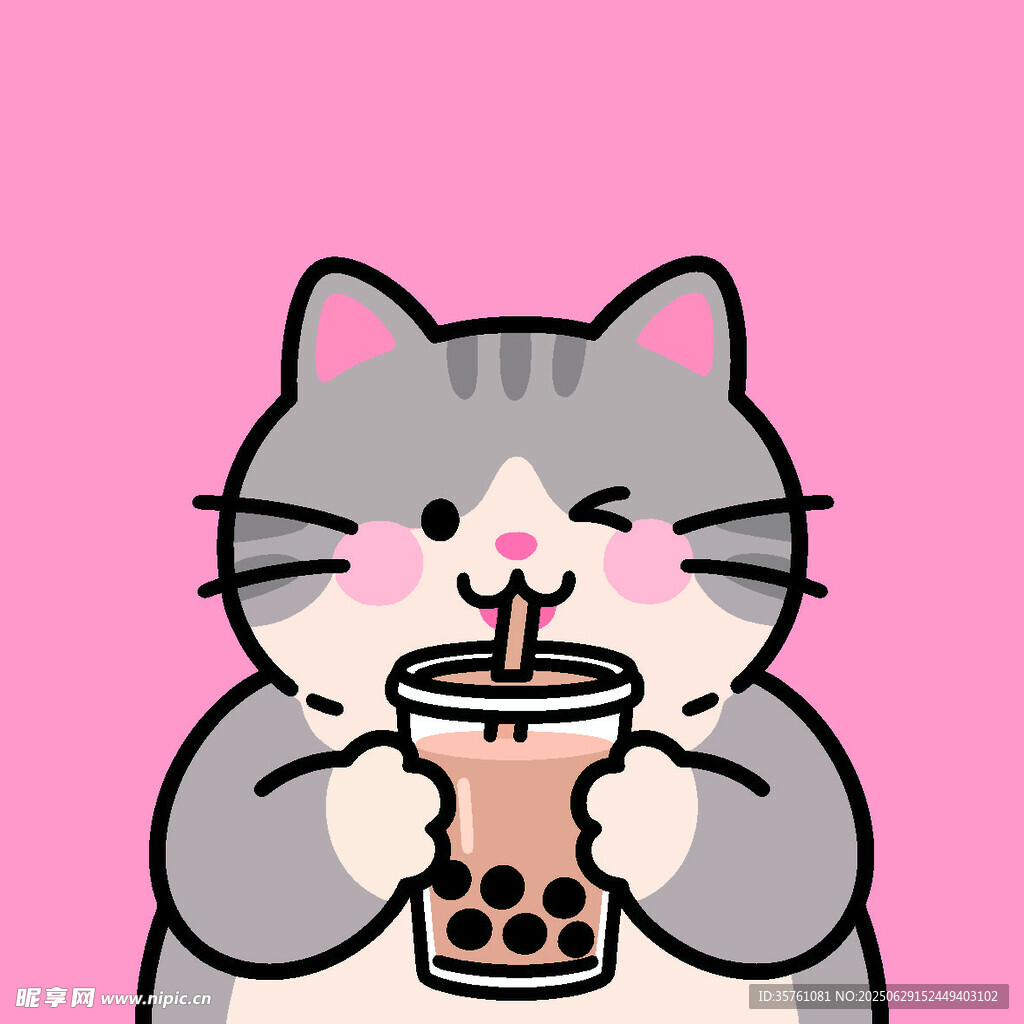 卡通手绘小猫珍珠奶茶