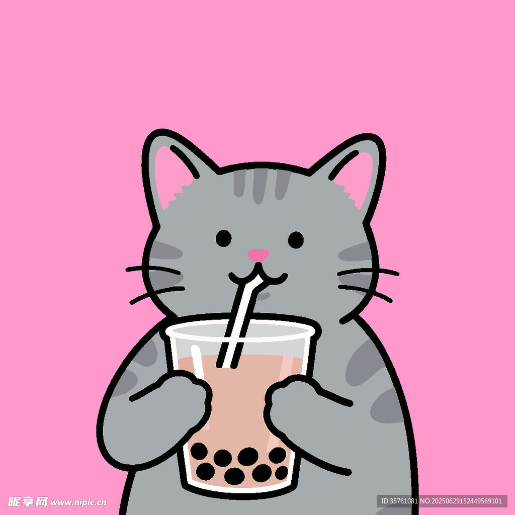 卡通手绘小猫喝珍珠奶茶