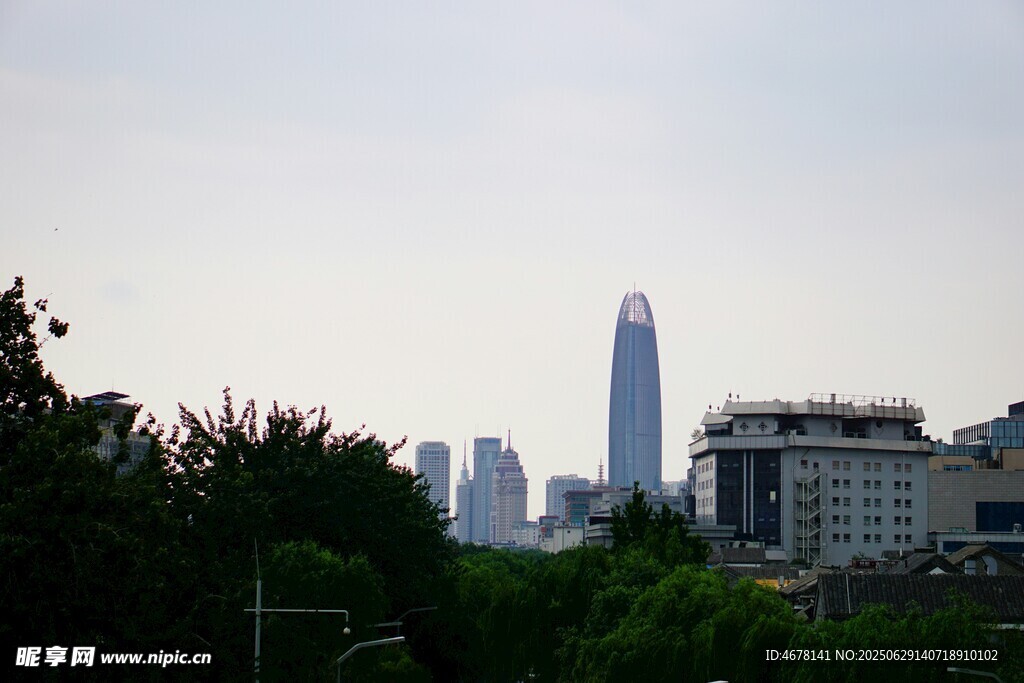 城市天际线中的高楼与绿树