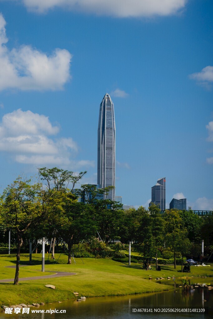 城市公园旁的摩天大楼