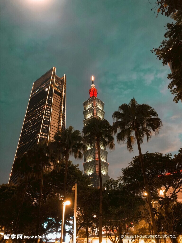 城市夜景中的高楼与棕榈树
