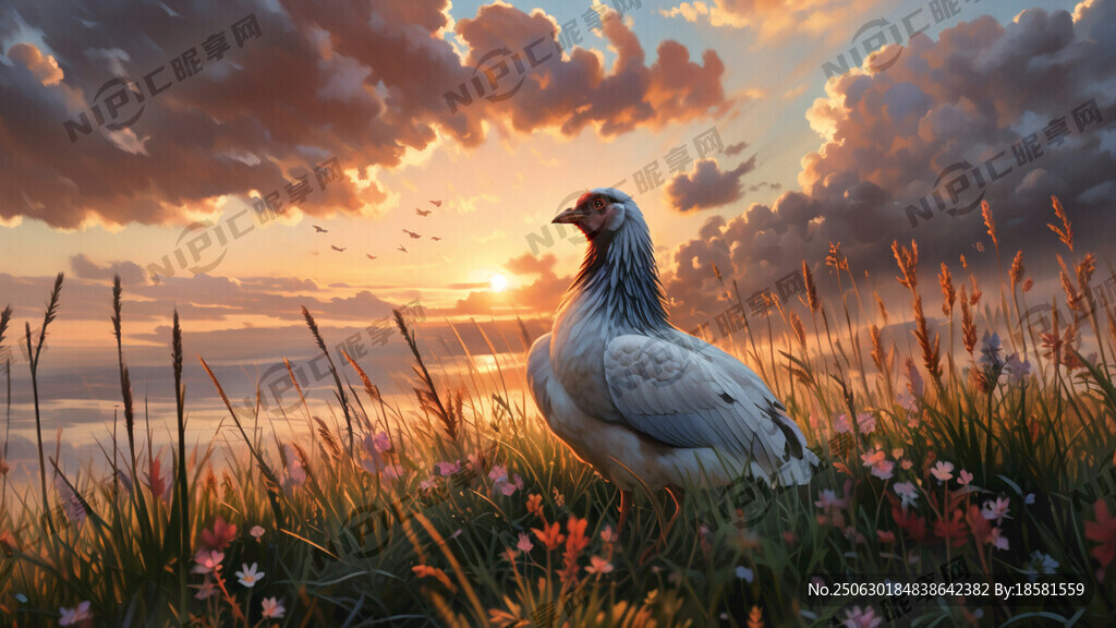散养乌骨鸡  草丛间  夕阳 