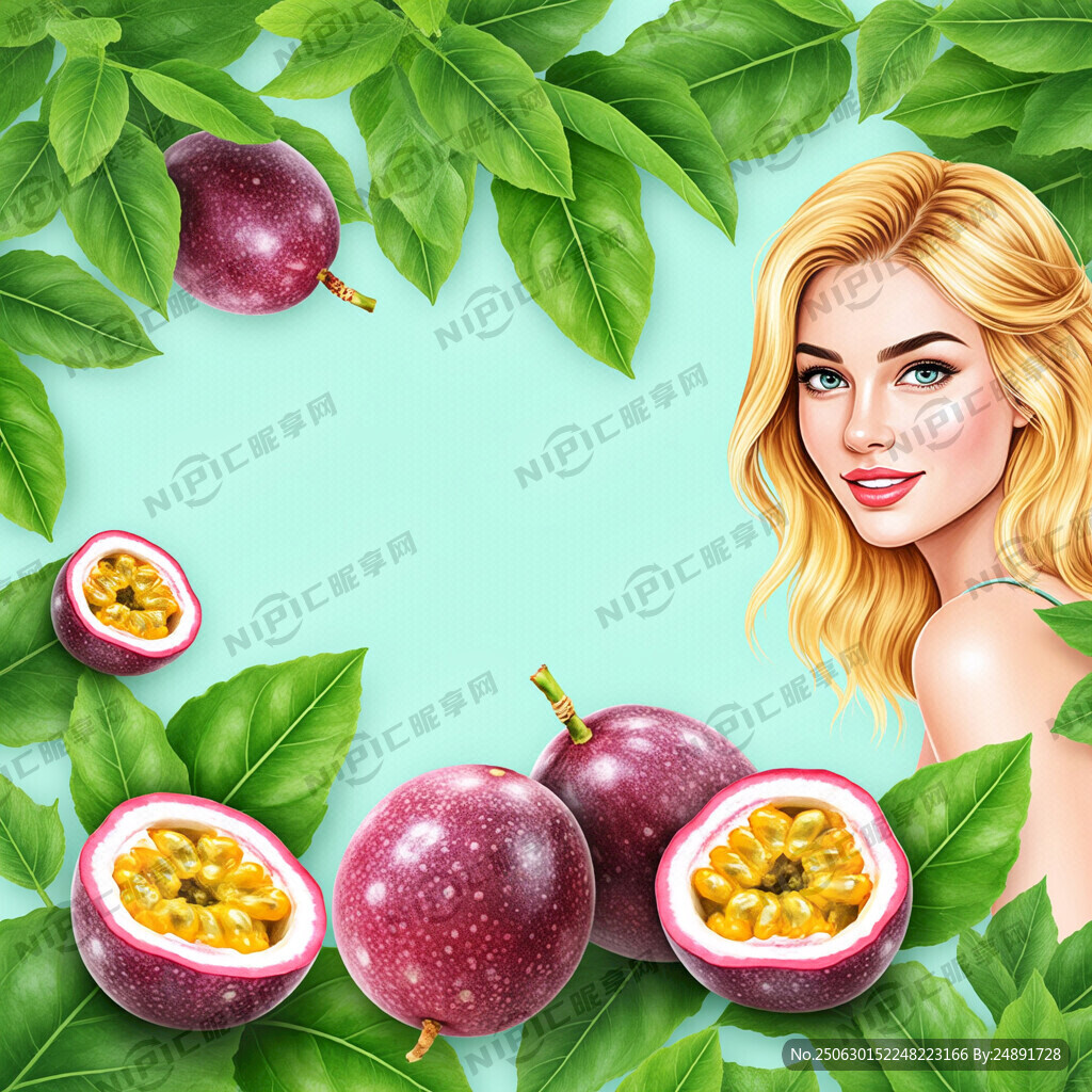百香果背景 绿叶 金发美女图