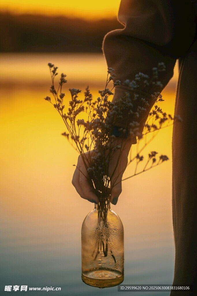 手持花罐赏湖畔黄昏美景