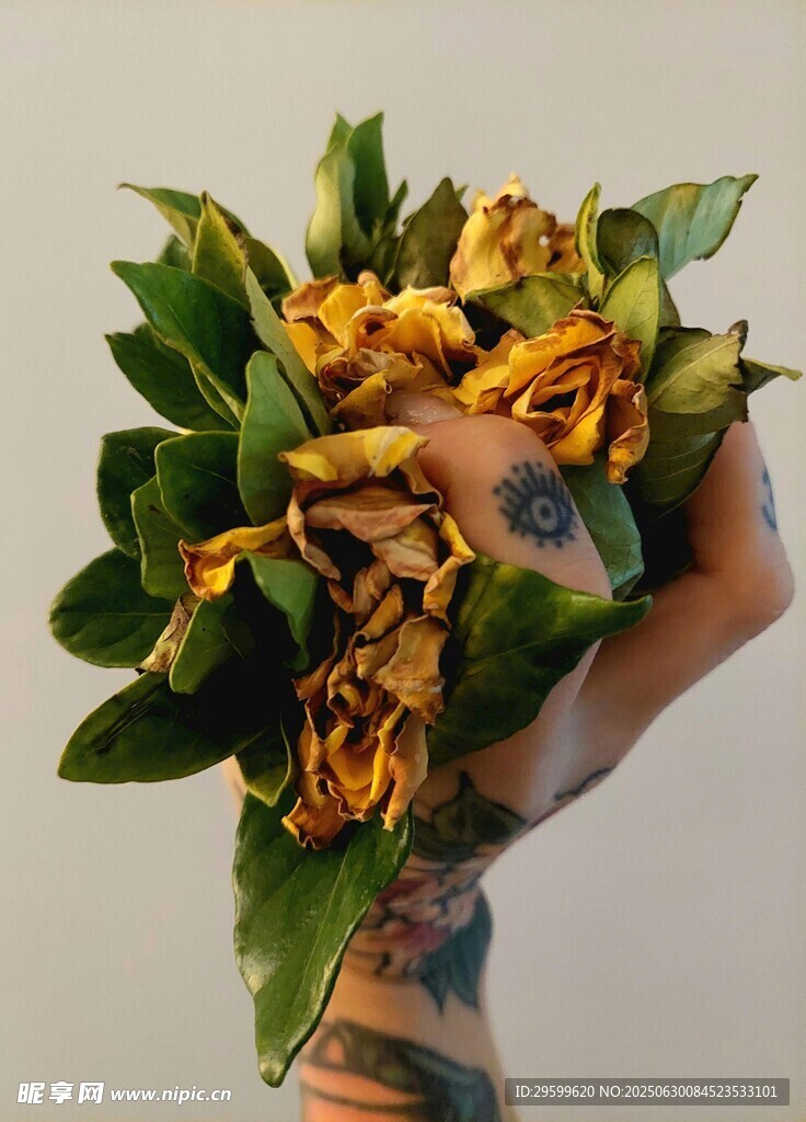 手捧黄橙花朵与绿叶