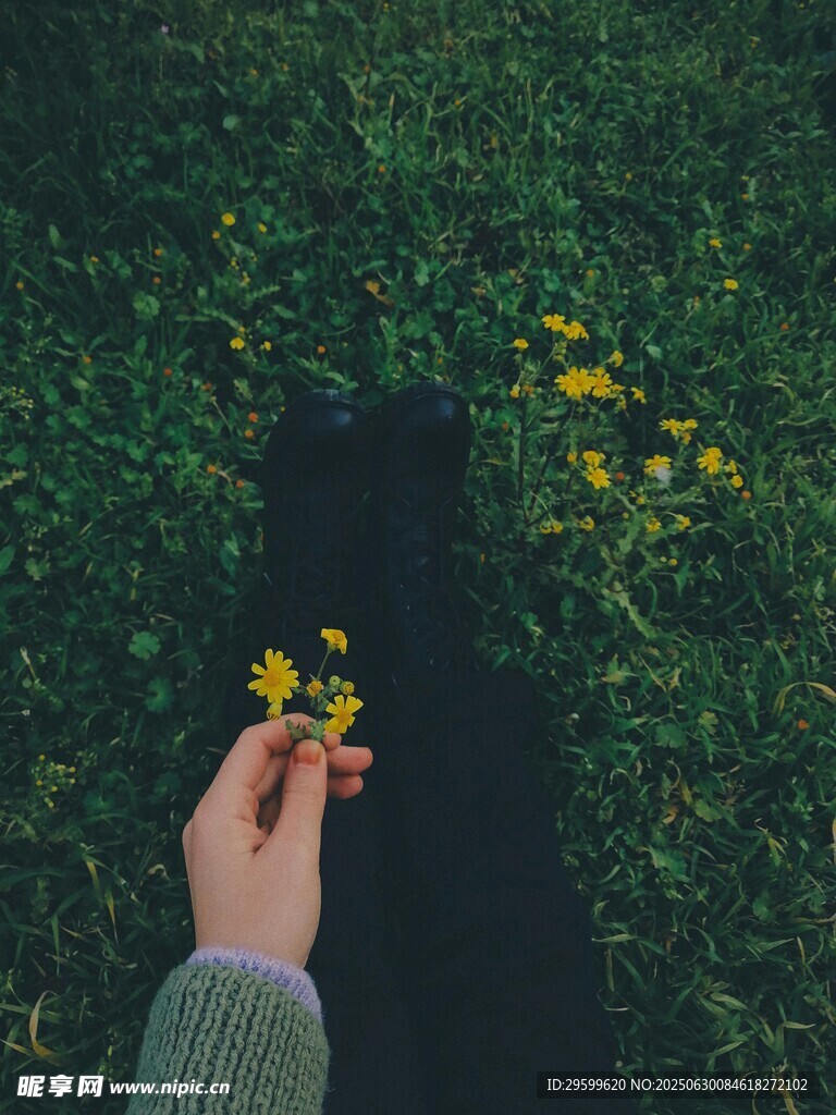 手捧小花于绿意之中