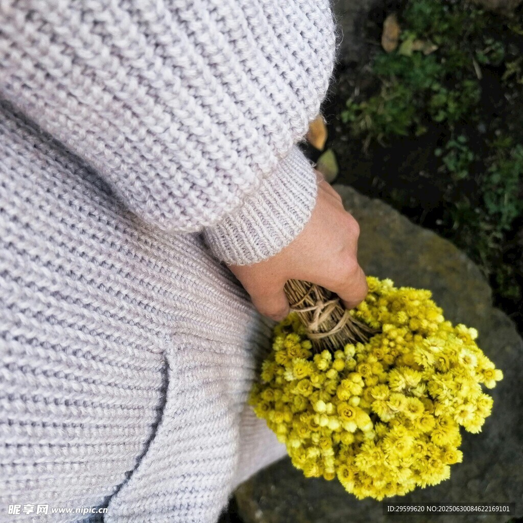 手捧黄花的针织衫穿搭