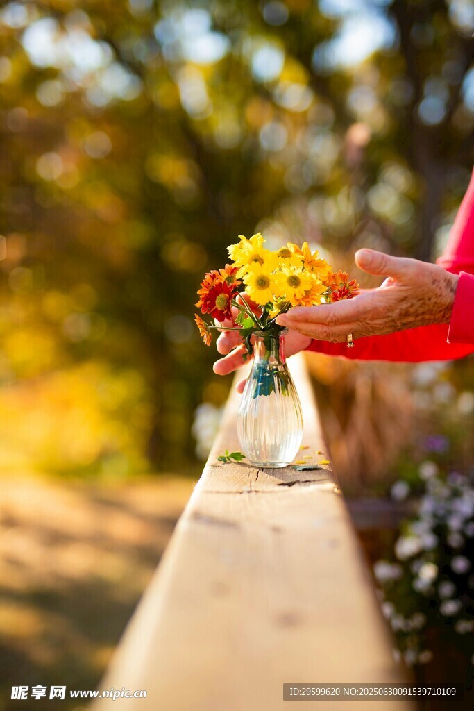 手捧鲜花装点花瓶