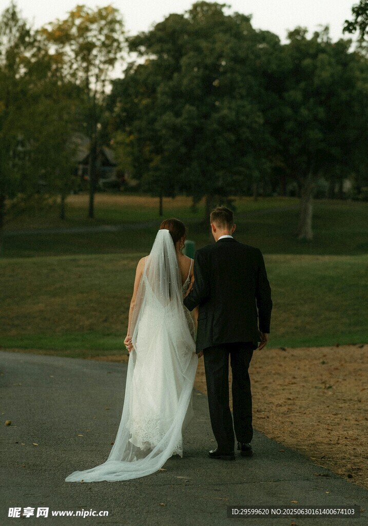 新婚夫妇漫步公园背影