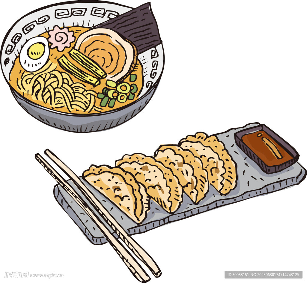 日式拉面与煎饺美食插画