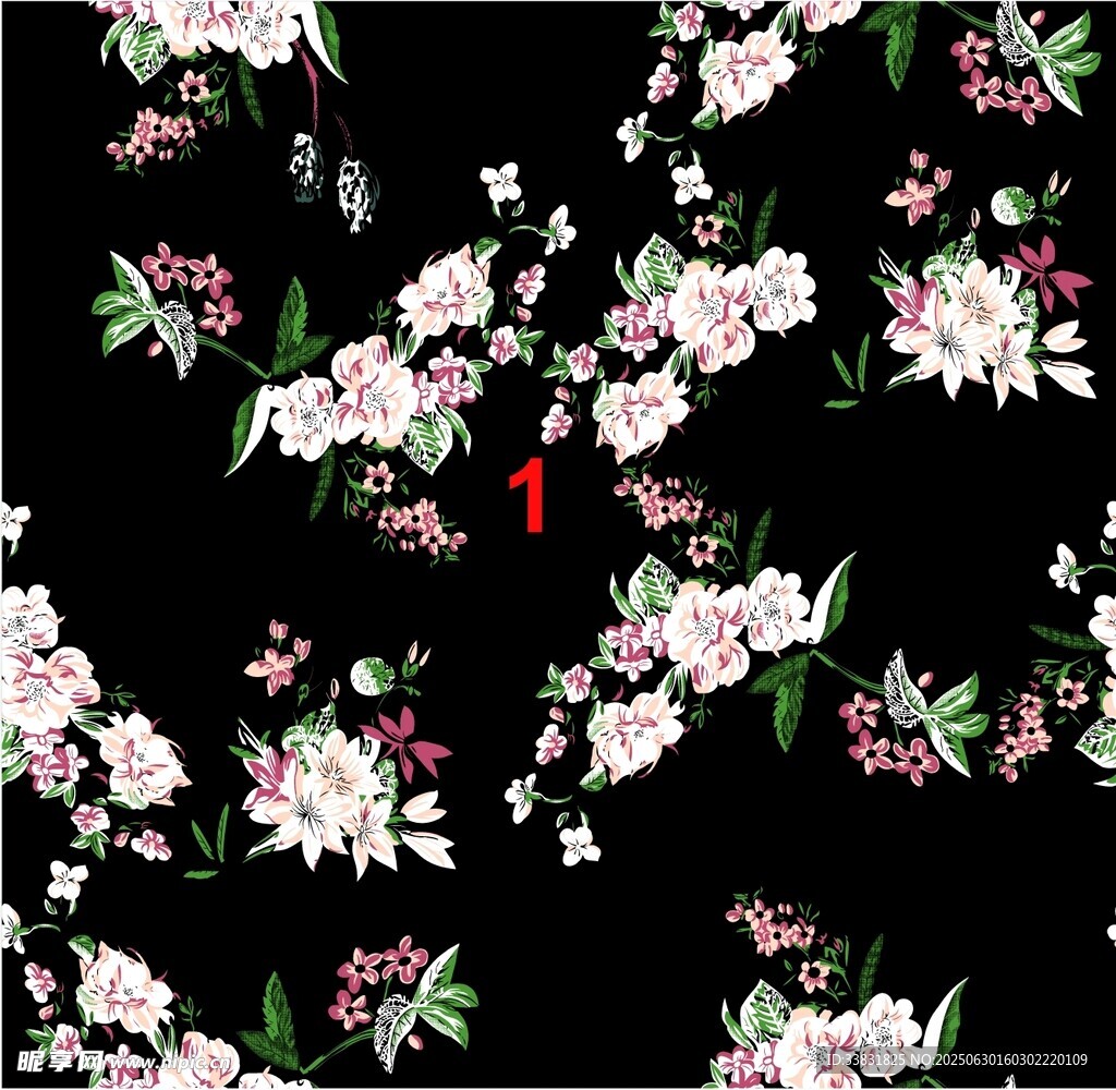黑色底花卉图案印花