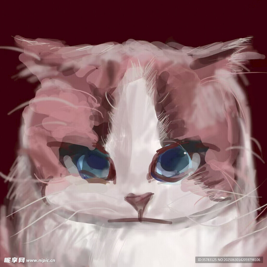 蓝眼粉白猫咪插画