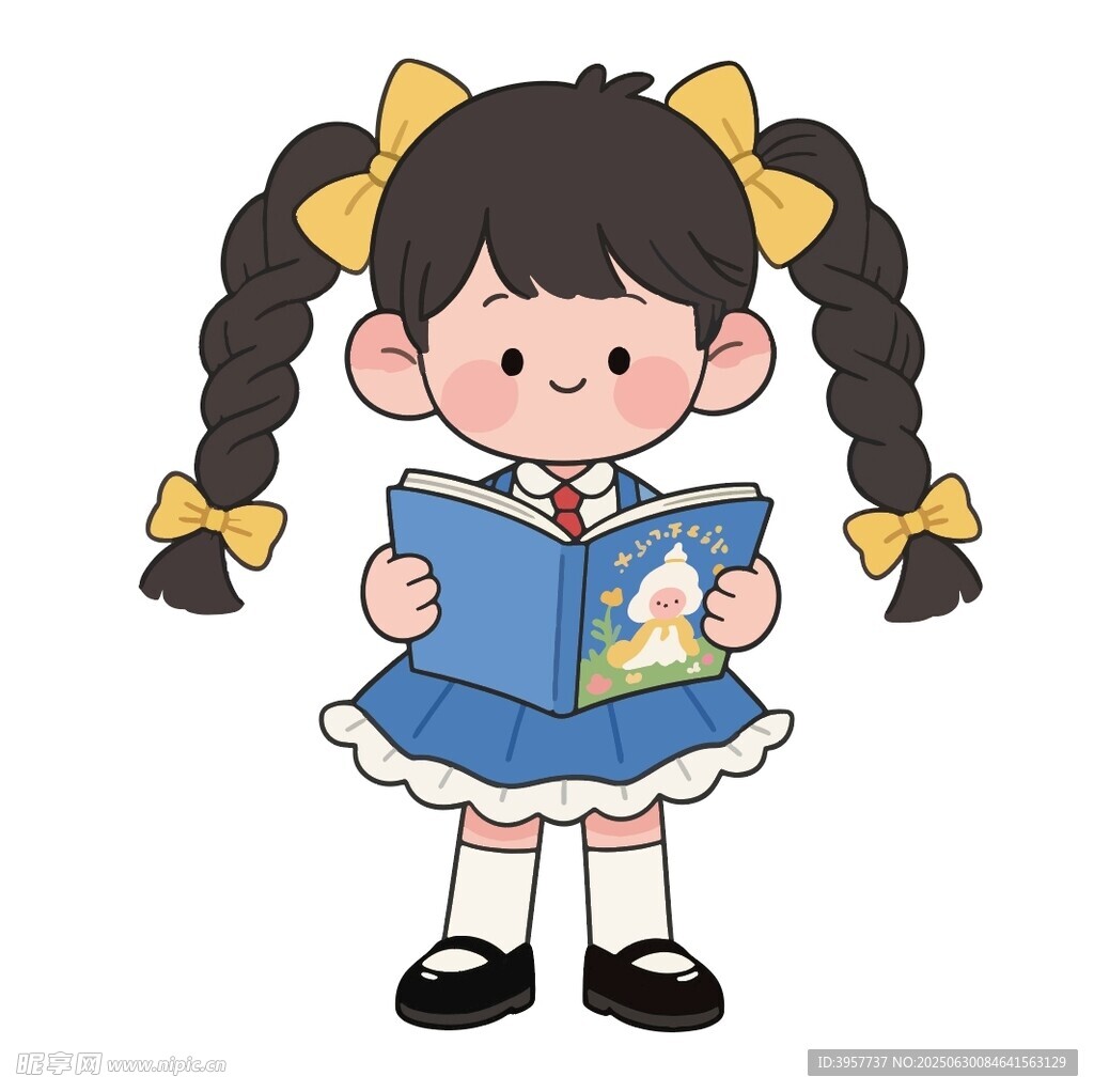 手绘扎双辫女孩看书矢量