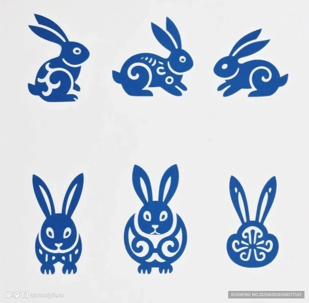蓝色剪纸风兔子图案设计