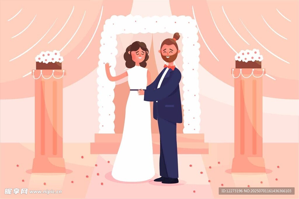 新婚夫妇在浪漫婚礼场景中