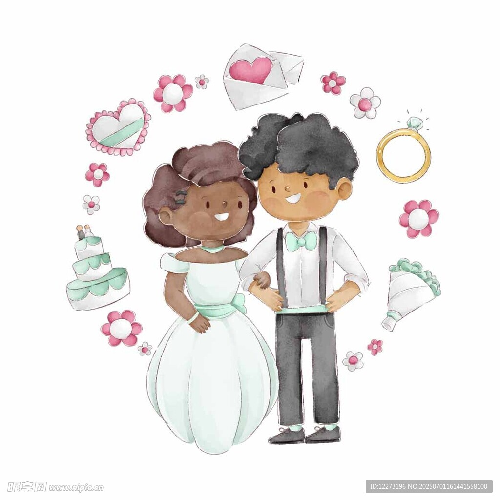 甜蜜新婚夫妇与婚礼元素
