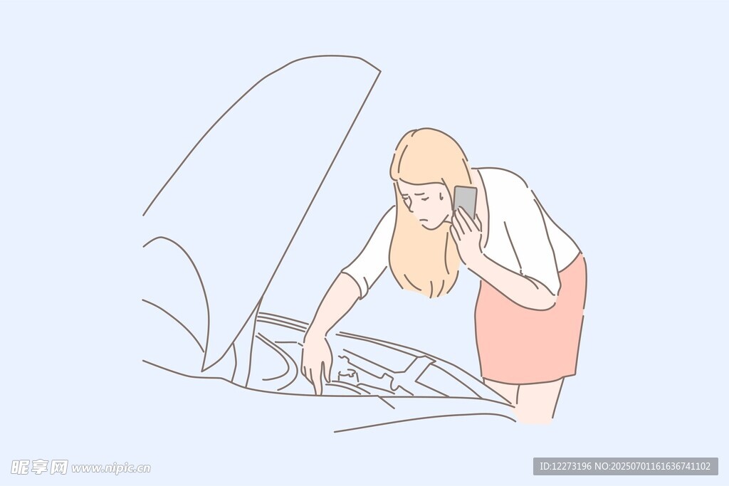 女子检查汽车发动机
