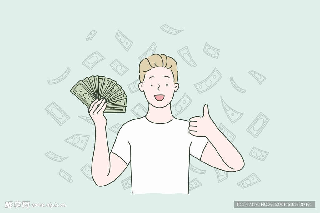 手持钞票男子点赞示意
